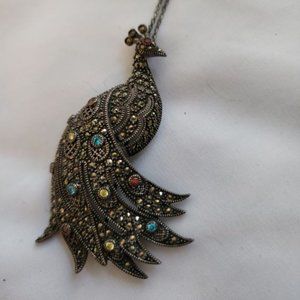 MARC 925 STERLING MARCASITE PEACOCK BROOCH WITH NECKLACE CHAIN
